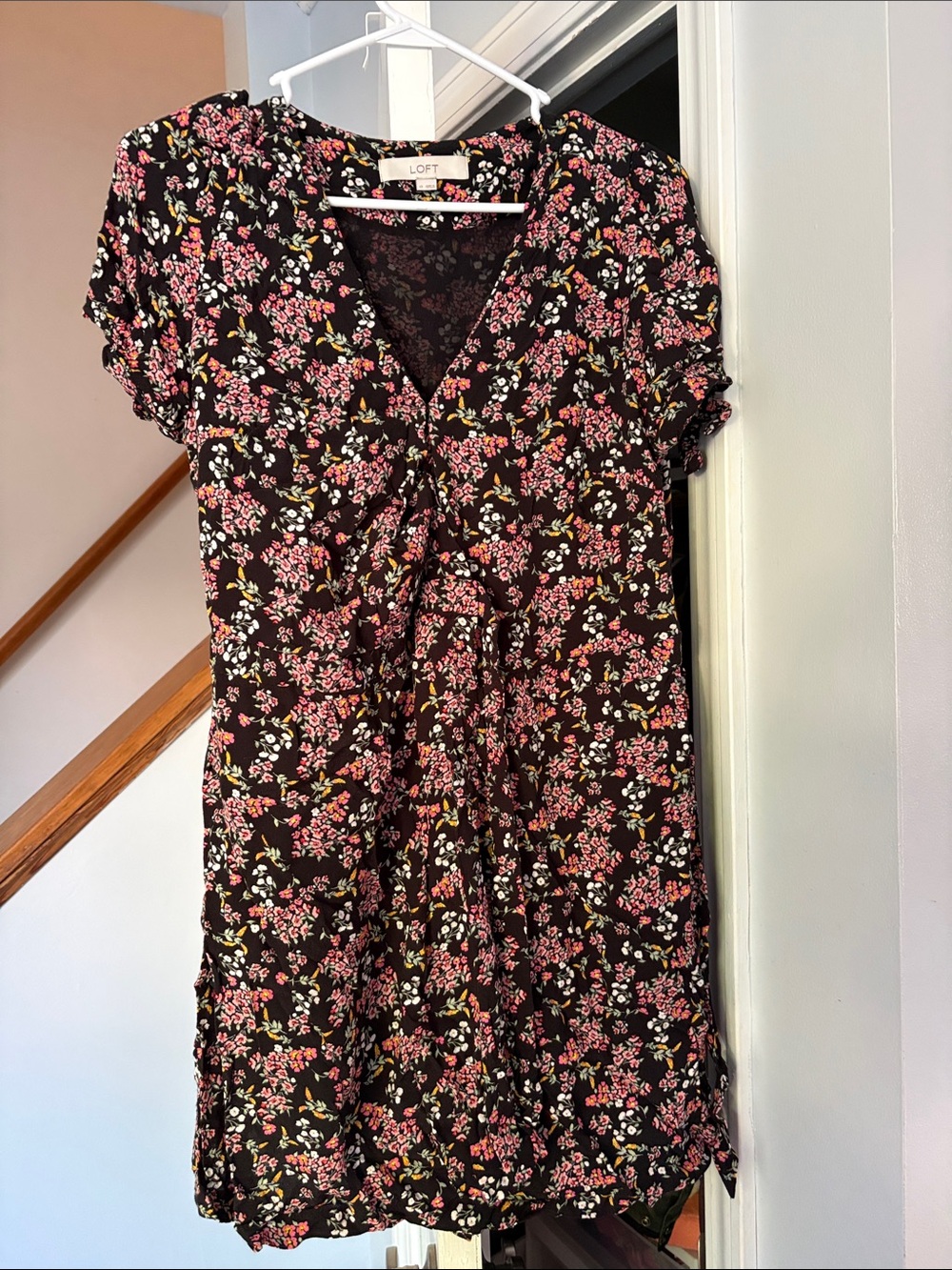 LOFT Floral Wrap Romper Size 12 Black Pink Surplice Puff Sleeve